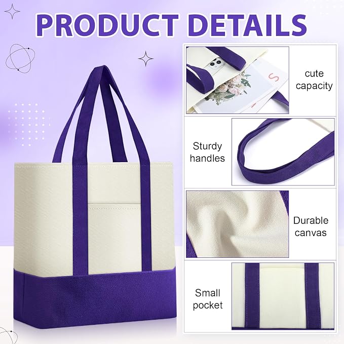 Sanwuta 12 Pcs Mini Canvas Tote Bags Bulk with Pocket Small Sublimation Blank Canvas Tote Reusable Grocery Bag for Women, DIY Craft (Purple) - Image 3