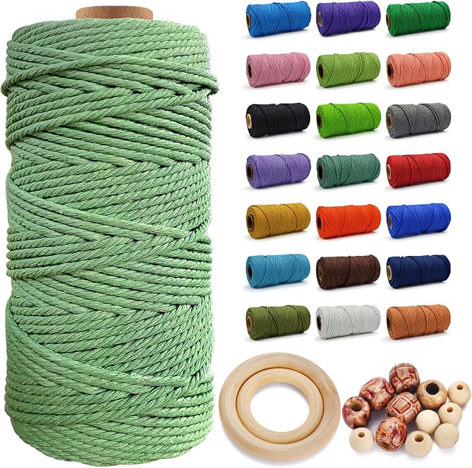 Macrame Cotton Cord 5mm x 109 Yards - Natural Handmade Colorful Macrame Rope - 4 Strand Twisted Cotton Rope for Wall Hanging Tapestry Plant Hangers Gift Wrapping DIY Craft (Bean Paste Green) by FocusoncottonHdviai