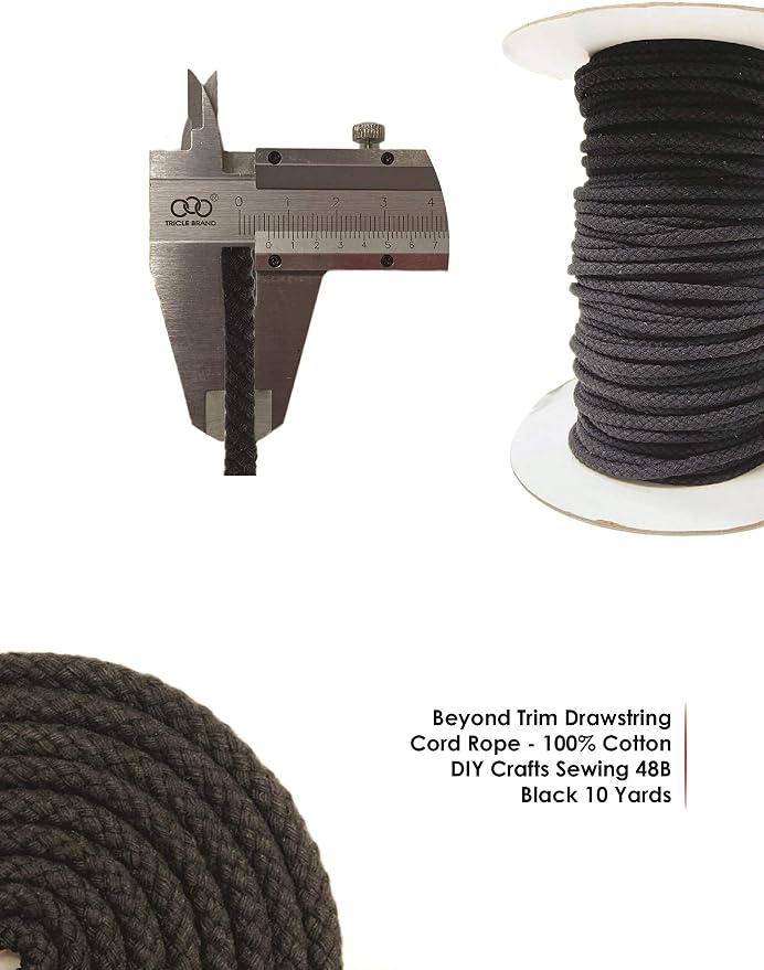 Beyond Trim Drawstring Cord Rope - 100% Cotton Replacement Piping Drawcord Clothing Sewing DIY Crafts 80B Black 5 Yards - Image 3