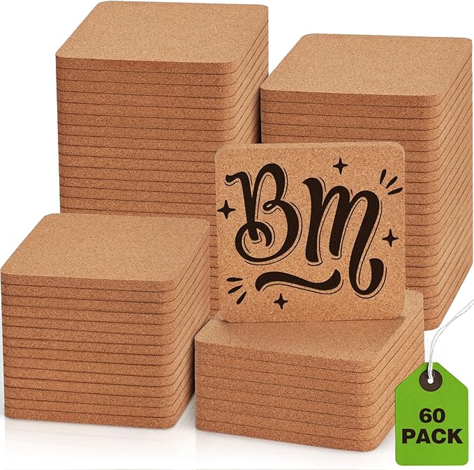 60 PCS Cork Coasters for Laser Engraving, Thick Absorbent Blank Coasters | 4 Inch Heat Resistant Coffee Table Coaster Bulk Plant Saucers Home Decor for Wood Burning, DIY Crafts, Wedding, Party, Square by GOHDODD