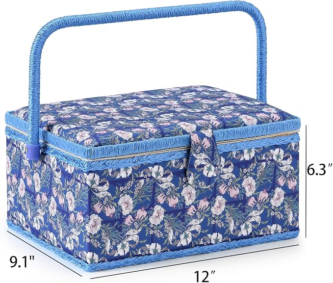 Sewing Basket with Sewing Supplies, Large Sewing Box for Accessories Storage, Blue White Flower Pattern - Image 2