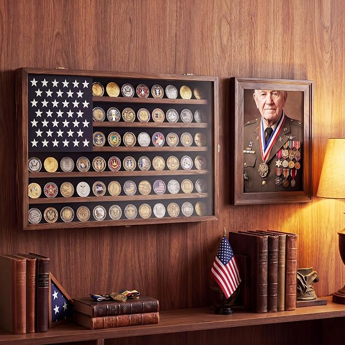 Cinnvoice Large Challenge Coin Display Case, 27.6" L x 18.1" W Military Coin Holder Cabinet with Lockable Wall Mount Design, Wooden Shadow Box with Clear Acrylic Door for Collection Display(Wood) - Image 3