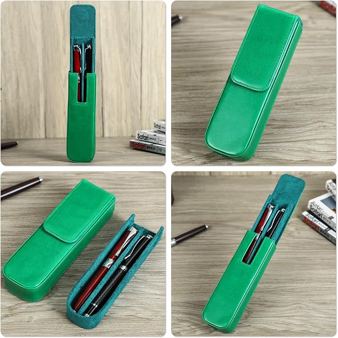 Top Grain Genuine Leather 2 Pen/Pencil Tray Case Holder, Minimalist Fashion Design, Handmade, Magnetic Closing with Drawer Design, Gift Choice for Man/Woman/Office, Glossy Green, 2 Slots - Image 2