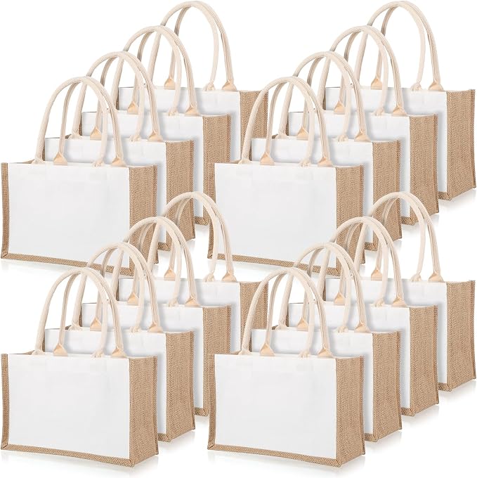 Reginary 16 Pack Burlap Tote Bags Jute Tote Bags with Handles Reusable Blank Canvas Grocery Bag for Women Bridesmaid Wedding Gift DIY Beach Shopping, 12.6 x 8.3 x 5.1 Inch by Reginary