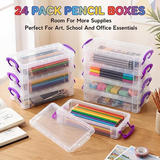Zonon 12 Pcs Large Capacity Pencil Box Bulk Plastic Clear Pencil Case Crayon Marker Organizer Stackable Storage Containers for Art Craft Pen Back to School Teacher Supplies (Purple) - Image 5