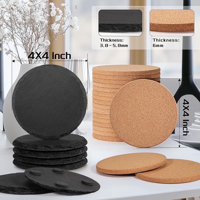 100PCS Round Slate and Cork Drink Coasters Bulk for Laser Engraving | 4 Inch Natural Blank Black Stone, Cork Coasters, 50PCS Each, Engravable Materials for Beginners, Gifts, Wedding, Crafts, DIY - Image 2