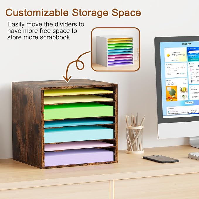 EasyPAG Scrapbook Paper Storage Organizer for Craft Room, 12x12 Paper Storage Desk Shelf, 10 Slot Adjustable File Sorter for Office School Classroom, Antique - Image 4