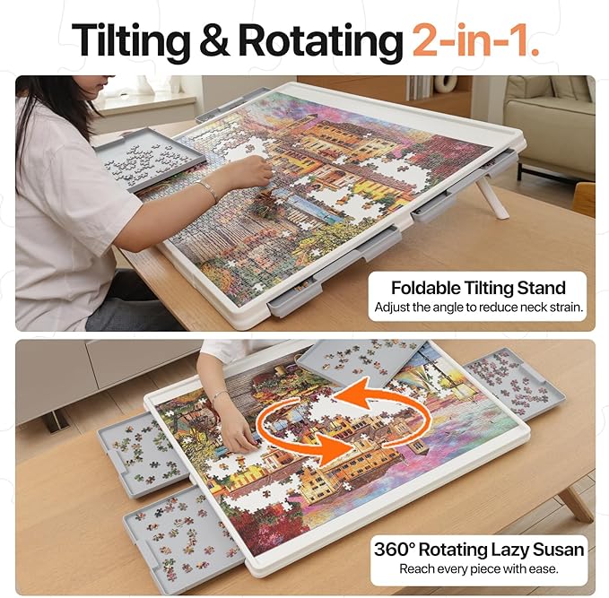 WELGEE 1500 Pieces 2-in-1 Tilting & Rotating Puzzle Board with Drawers and Cover, 35"x27" Portable Spinning Plastic Jigsaw Puzzle Table for Adults, Upgraded Lazy Susan - Image 3