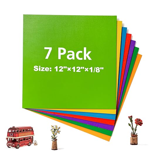 7 Pack Colored Plywood Sheets, 12 x 12 x 1/8 Inch, Rolling Paint Process with Bright Colors, 3mm Plywood for Laser Cutting, Wood Burning and DIY Wood Crafts - 7 Colors by Wowood