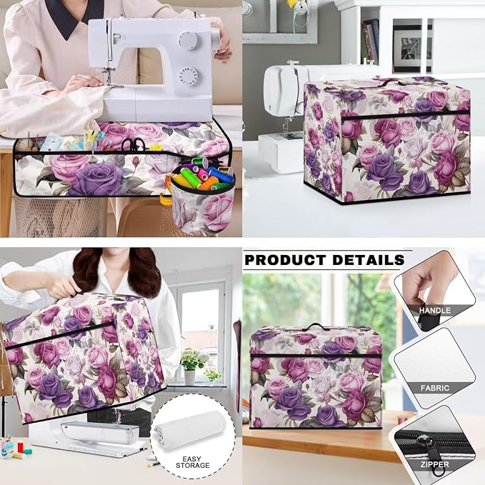 Purple Rose Sewing Machine Mat & Dust Cover, Set of 2 Muffling Dust Resistant Sew Machine Mat with Pockets for Sewing Accessories Home Decoration Machine Washable - Image 3
