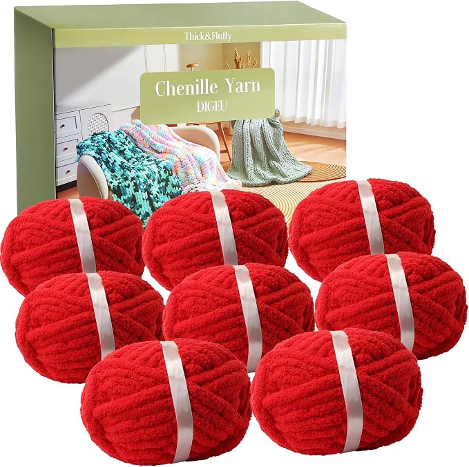 Chunky Chenille Yarn for Hand Knitting 8 Jumbo Pack Chunky Yarn for Hand Soft Blanket Knitting, Bulky Thick Fluffy Yarn for Crocheting (Red) by DIGEU