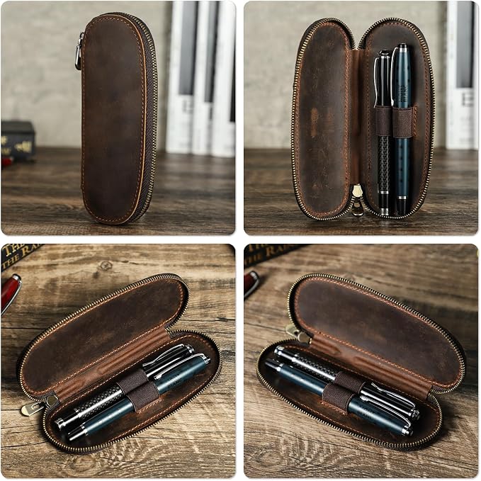 Top Grain Genuine Leather 2 Pen/Pencil Case Bag Organizer, Minimalist Vintage Design, Handmade, Zipper Closure with Stretch Strap, Gift Choice for Man/Woman/Office, Matte Coffee, 2 Slots - Image 2