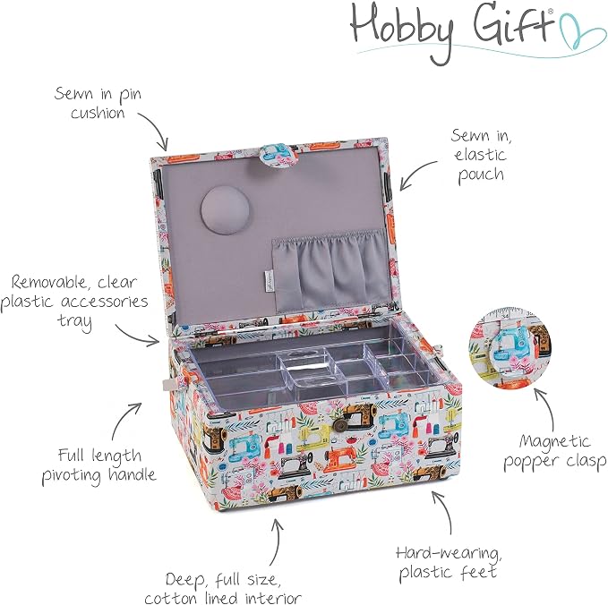 Hobby Gift Large Sewing Box Craft Storage Box with Handle Internal Accessories Tray Pin Cushion and Pocket for Sewing Knitting and Hobby Supplies - Image 4