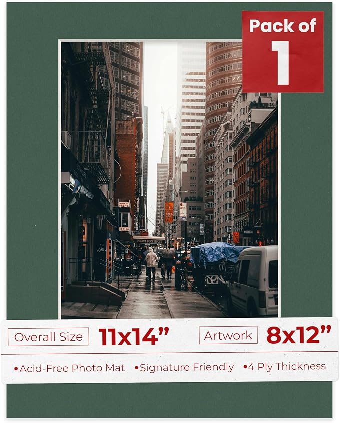 8x12 Mat for 11x14 Frame - Precut Mat Board Acid-Free Show Kit with Backing Board, and Clear Bags Hunter Green 8x12 Photo Matte Made to Fit a 11x14 Picture Frame Matboard for Framing, Pack of 1 Mat by PosterPalooza