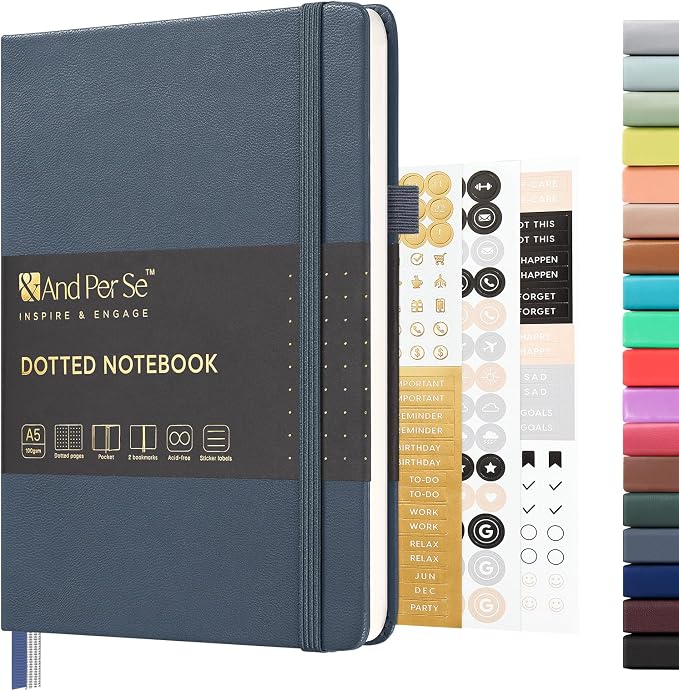 &And Per Se Dotted Journal Notebook, A5 Hardcover Leather Dotted Journal, 160 Pages 100gsm Thick Dot Grid Paper, 3 Sheets of Stickers Included - 5.7'' x 8'' (Dark Blue) by AndPerSe