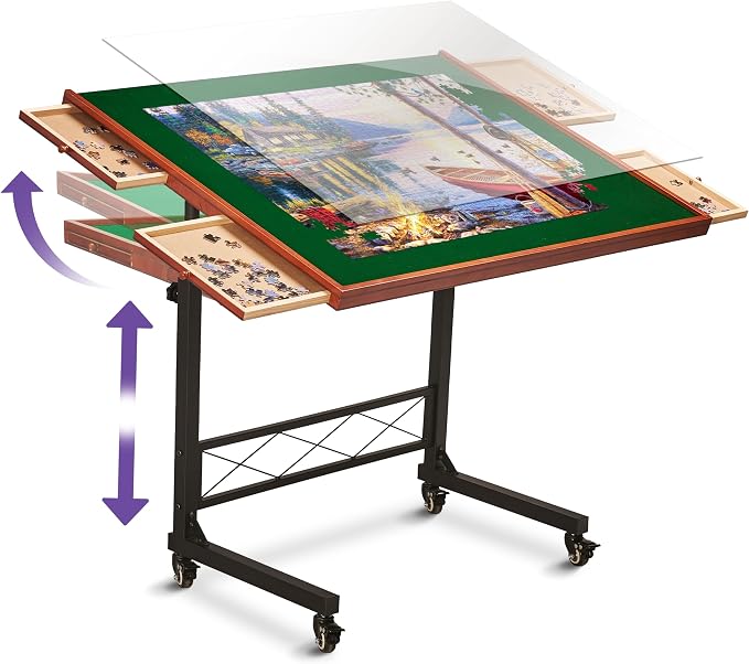 JoyBerri Jigsaw Puzzle Table with Drawers – Adjustable Height, All Ages | Portable puzzle station, for 1500 piece, 9 height levels, locking wheels, cover & bonus puzzle included by Joyberri