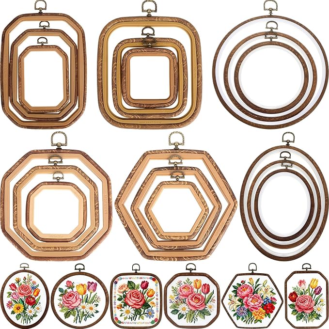 Qunclay 18 Pcs Large Embroidery Hoop Frame Decorative Imitated Wood Display Frame Circle Oval Octagonal Cross Stitch Hoop Ring for DIY Sewing Craft and Hanging Ornaments Decor (Comprehensive) by Qunclay