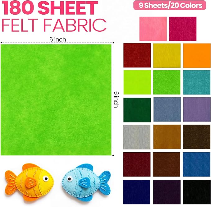 Moukeren 180 Pcs 6 X 6 Inch Felt Sheets, 20 Colors | Stiff Fabric Squares Ideal Craft Sewing, DIY Patchwork Projects, Nonwoven Material, Bulk Supply Holiday and Festival Decor - Image 3