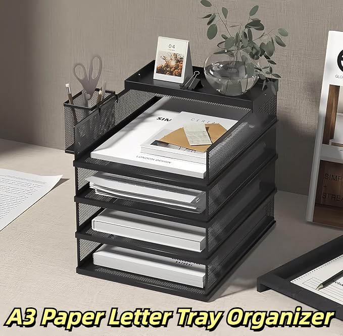 A3 Mesh Desk File Organizer, Stackable Paper Tray，Desktop Document Sorter, File Storage, 3/4/5-Tier Paper Letter Tray Organizer, Desk Accessories & Workspace, Black (5 Tier-Landscape-Black) - Image 5