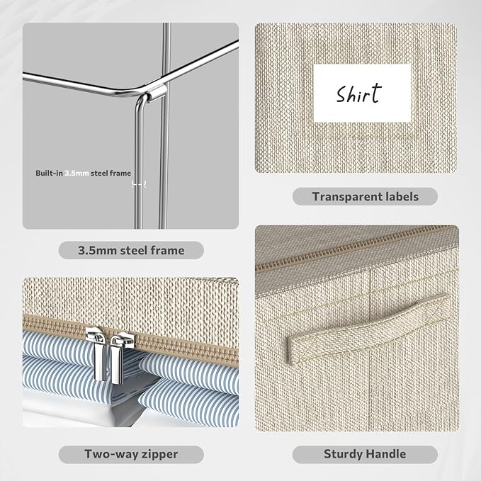 CYhom Clothes Storage Bins Box - Linen Fabric Foldable Stackable Container Organizer Set with Clear Window & Carry Handles & Metal Frame - 2Pack Large Capacity for Bedding, Blankets, Books - Image 5