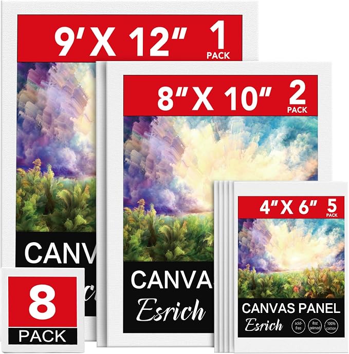 ESRICH Canvases for Painting 8Pack Painting Canvas with 9x12,8x10,4x6,Canvas Panels for Oil Paint,Watercolor,Acrylic Paint,Gouache and Tempera. by ESRICH
