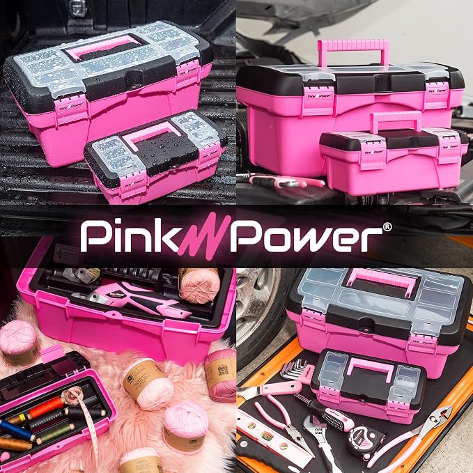 Pink Tool Box for Women - Sewing, Art & Craft Organizer Small & Large Plastic Tool Box with Handle - Pink Toolbox Sewing Tool Storage Box - Portable Mini Locking Tool Boxes (2 Pack) - Image 6