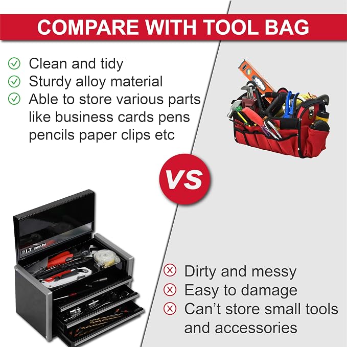 P.I.T. Mini Tool Box,3 Drawers Small Metal Toolbox for Tools Storage,Black | 8.6"W X 4.6"D Cute Size,Q235 Steel,Magnetic Tab Locking,PVC Drawer Liners - Image 9