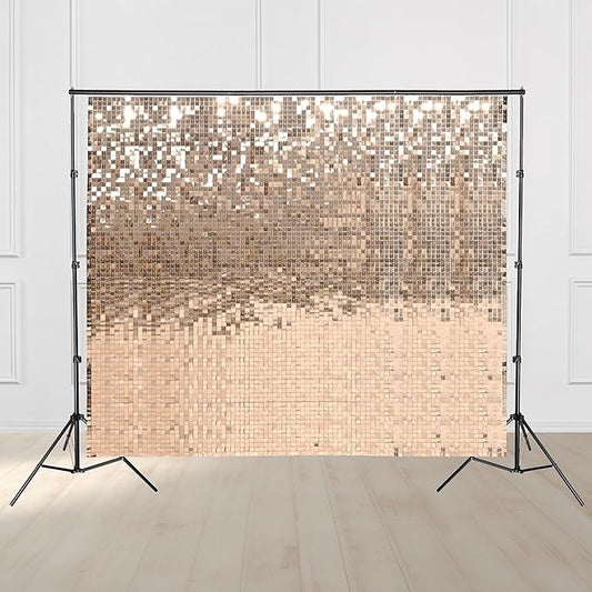8.5x10 FT Shimmer Wall Backdrop with Adjustable Background Stand 72 Pcs Champagne Gold Square Sequin Panels Decor for Wedding Party