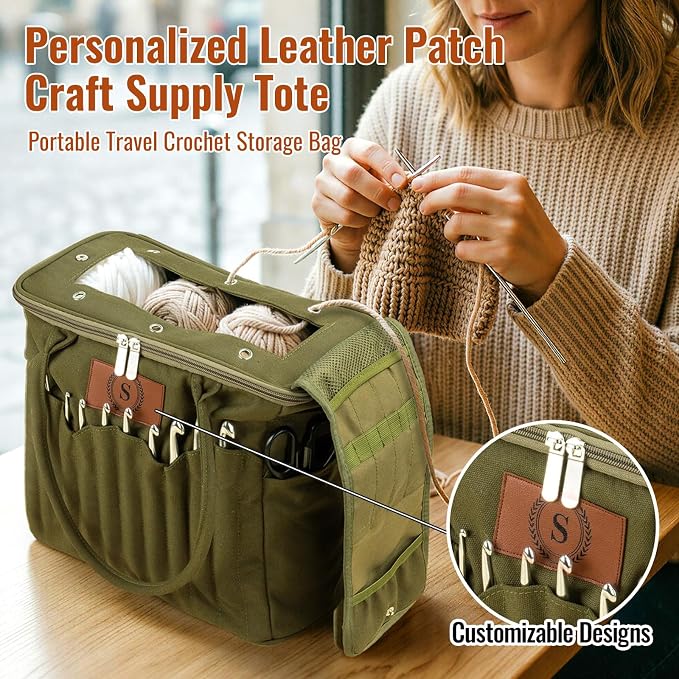 Phexilo Personalized Knitting Bag with Name Leather Patch, Canvas Yarn Bag | Canvas Crochet Organizer with Multiple Pockets and Yarn Holes, Knitting Bag for Crochet Lovers, Mom, Grandma, Birthday Gifts - Image 2