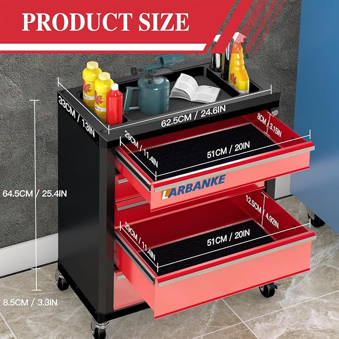 5 Drawer Rolling Tool Chest with Wheels,Lockable Tool Cabinet,Red | 360° Wheels with Brakes, Locking System, Waterproof Multifunction Top, Connect Rods for Stacking with Same Series Cabinet - Image 3