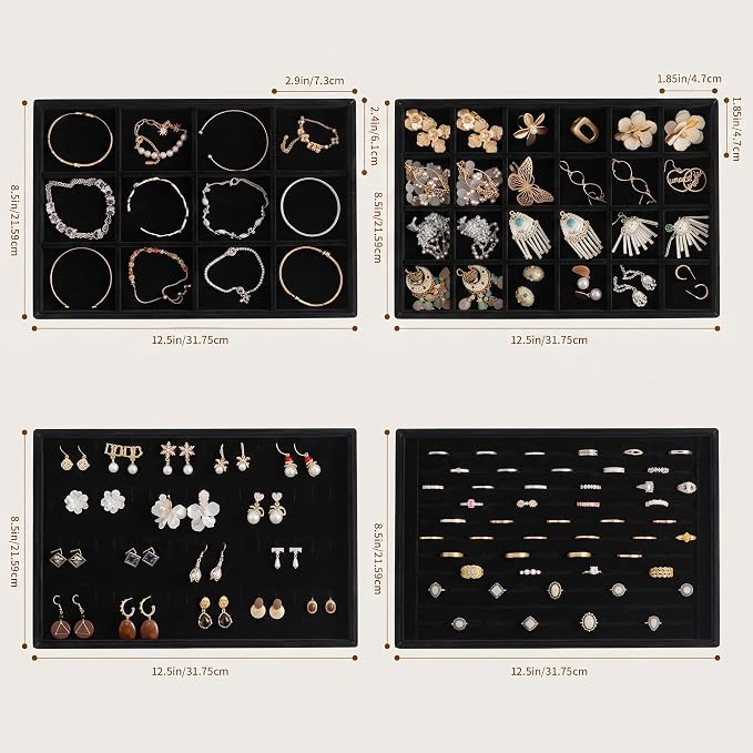 Jewelry Trays for Drawer,Set of 4 Jewelry Organizer and Storage | Velvet Material,Stackable,Adjustable Dividers,Drawer Inserts for Rings Studs Bracelet,Earring Organizer for Women Girls - Image 3