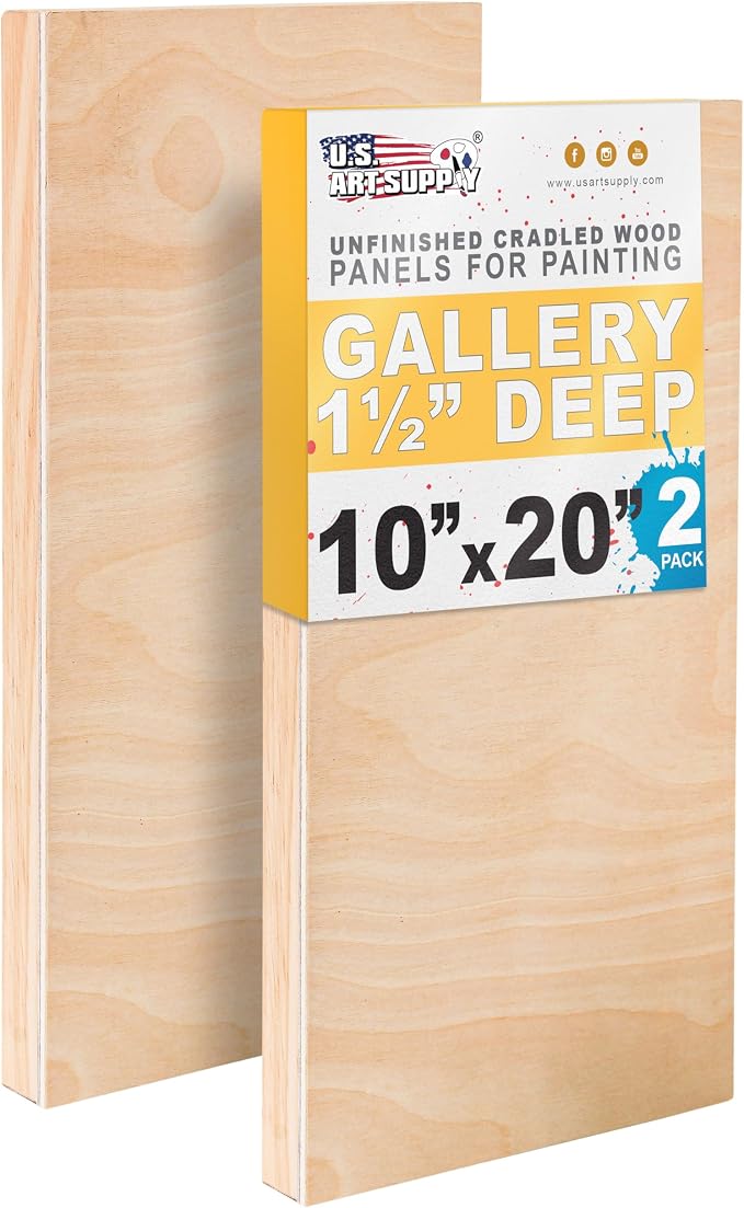 U.S. Art Supply 10" x 20" Unfinished Cradled Wood Panels for Painting, Gallery 1-1/2" Deep (2 Pack) - Artist Depth Wooden Wall Canvases - Mixed-Media Craft, Acrylic, Oil, Encaustic, Paint Pouring by USArtSupply