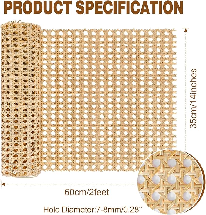MYFAMIREA 14" Width Rattan Pressed Cane Webbing Sheet for Caning Projects, 2FT Natural Rattan Material Roll Net Woven Open Cane, Suitable for Caning Material DIY Supplies - Image 2