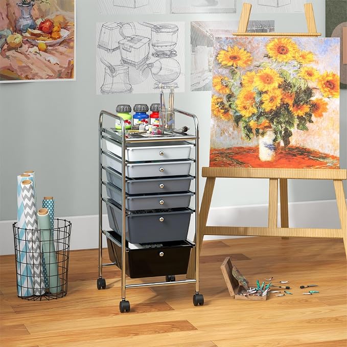DREAMADE Rolling Cart with Storage Drawers, Utility Cart with Removable Plastic Drawers, Lockable Wheels, Art Cart for Classroom Organization Art Supplies Office Scrapbook (6 Drawers, Mixed-black) - Image 8