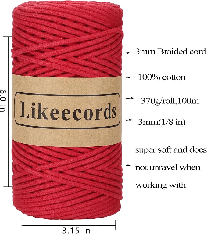Likeecords 2 Skeins of Braided Macrame Cotton Cord 3mm x 100m,Macrame Rope, 100% Cotton Rope Macrame String,Colorful Cotton Craft Cord for Bag,Wall Hanging, Plant Hangers, Crafts, Knitting（Red） - Image 2