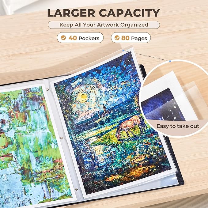 JoyCat 11 x 17 Art Portfolio Binder, 40 Pockets Display 80 Pages, Black | Acid free 40 pocket portfolio displays up to 80 pages and stores artwork, drawings, and presentations up to 11 x 17 in - Image 3