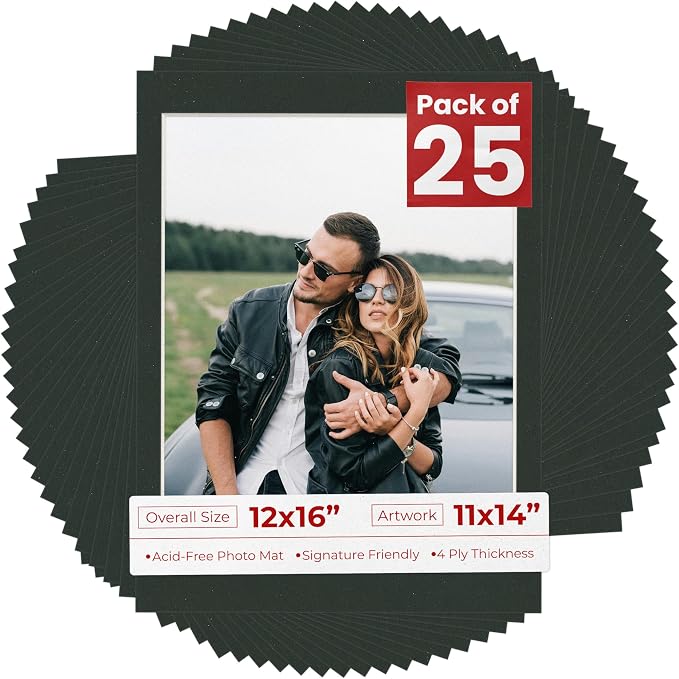 11x14 Mat for 12x16 Frame - Precut Mat Board Acid-Free Show Kit with Backing Board, and Clear Bags Textured Black 11x14 Photo Matte For a 12x16 Picture Frame Matboard for Framing, Pack of 25 Mats by PosterPalooza