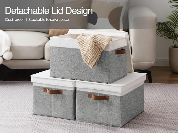 StorageWorks Storage Bins with Lids, Decorative Storage Boxes with Lid and PU Handles, Foldable Storage Baskets for Closet, Shelves, Stackable, Gray and White, Jumbo, 3-Pack | Lidded Dust-proof, Easy Pull Handles, Foldable, Stackable, Ideal for Clothes... - Image 5
