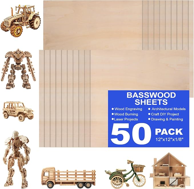 50 Pack 12"x12"x1/8" Basswood Sheets - 3mm Craft Plywood for DIY Ornaments, Model Engraving, Laser Cutting, Architectural Models, Drawing, Wood Burning by Unknown