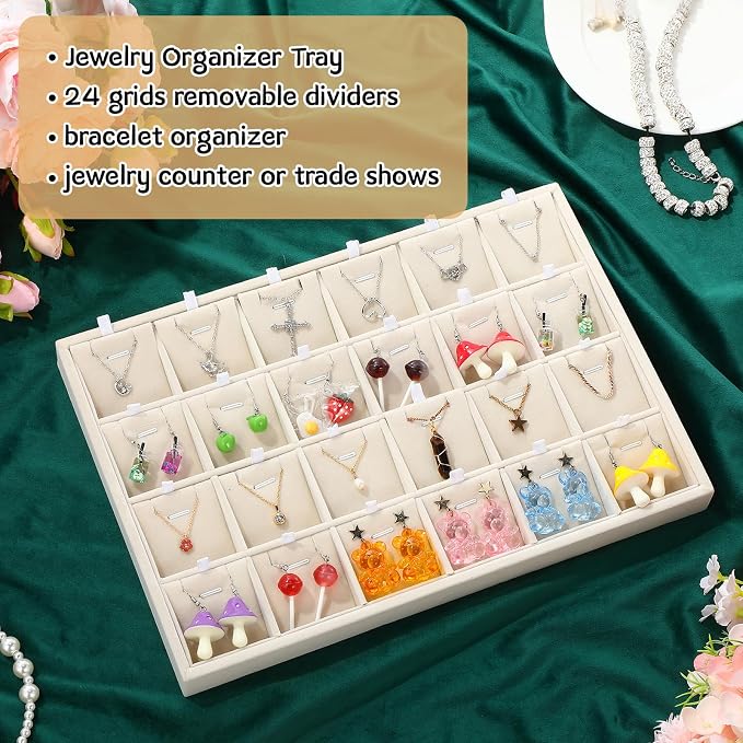 2 Pcs 24 Grid Stackable Jewelry Organizer Tray with Removable Dividers Ice Velvet Jewelry Display Showcase Tray for Necklace Earring Ring Bracelet Holder (Beige Velvet) - Image 6