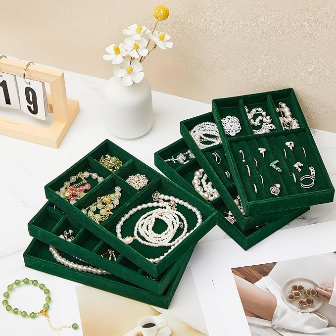 18 Pcs Jewelry Drawer Organizer Inserts, Stackable Jewelries Inserts for Dresser Drawers, Drawer Insert Organizers Velvet Jewelry Trays for Rings Earring Bangle Necklace(Dark Green) - Image 5