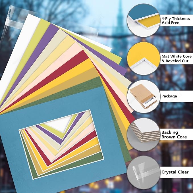 Golden State Art 10 Pack 8x10 Picture Mats for 5x7 Photos+Backings+Bags | Mixed Colros Acid-Free Pre-Cut Photo Mats 4.5x6.5 Opening for 5x7 Pictures Prints with White Core Bevel Cut Mattes Sets - Image 3