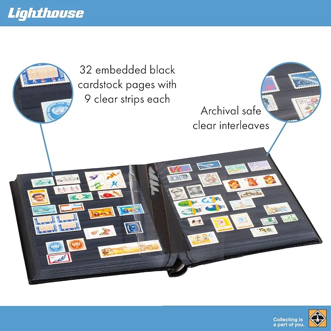LIGHTHOUSE – “PREMIUM” Bonded Leather Cover Stockbook for Stamps - 32 Black Cardstock A4 Pages with Clear Strips and Double Linen Hinges - Blue - Image 2