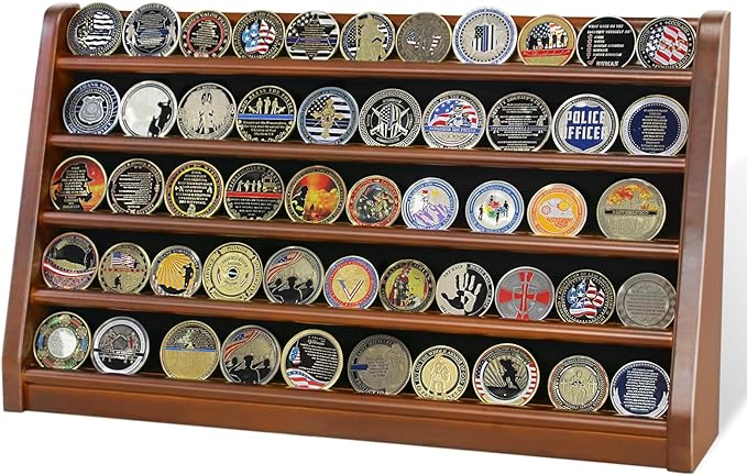 ASmileIndeep 5 Rows Challenge Coin Holder Display Stand Holds 50 Coins for Wall Mount or Tabletop, Solid Wood Military Coin Rack Display Case for Collectibles, Walnut by ASmileIndeep