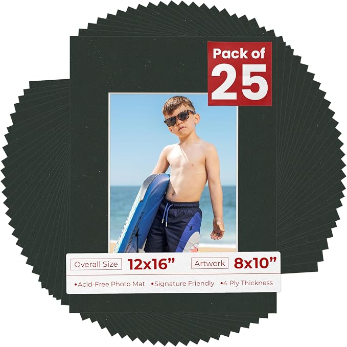 8x10 Mat for 12x16 Frame - Precut Mat Board Acid-Free Show Kit with Backing Board, and Clear Bags Textured Black 8x10 Photo Matte For a 12x16 Picture Frame Matboard for Framing, Pack of 25 Mats by PosterPalooza