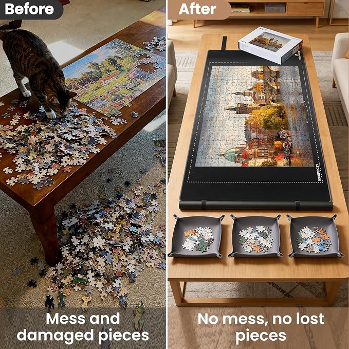 Puzzle Roll Up Mat, All-in-One Jigsaw Puzzle Mat with 6 Sorting Trays – 39.4” x 23.6” Non-Slip Rubber Back & Smooth Surface, Portable Puzzle Mat for 1000 Pieces, Puzzle Accessories Gift for Adults - Image 4