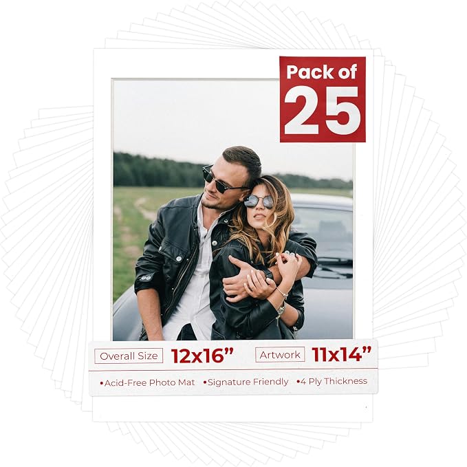 11x14 Mat for 12x16 Frame - Precut Mat Board Acid-Free Show Kit with Backing Board, and Clear Bags White 11x14 Photo Matte Made to Fit a 12x16 Picture Frame Matboard for Framing, Pack of 25 Mats by PosterPalooza