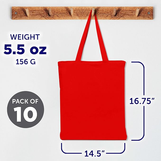 DISCOUNT PROMOS Cotton Canvas Tote Bags Set of 10, Bulk Pack - Reusable, Great for Shopping, Grocery, Beach, Picnic, Wedding Favors - Red - Image 6