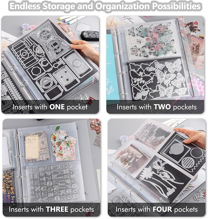 Briartw Craft Storage Organizer,1 A4 Die Storage Book Binder and 20 Inserts Set,Inserts with One,Two,Three,Four Pockets for Storage Craft Supplies,Cardstock,Sticker,Stamp,Cutting Dies,Stencil - Image 4