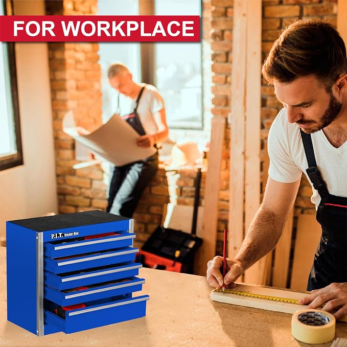 P.I.T. Mini Tool Box,Small Metal Toolbox Organizer with 5 Drawers,Blue | 8.6"W X 4.6"D Cute Size,Q235 Steel,Magnetic Locking Mechanism,PVC Drawer Liners - Image 3